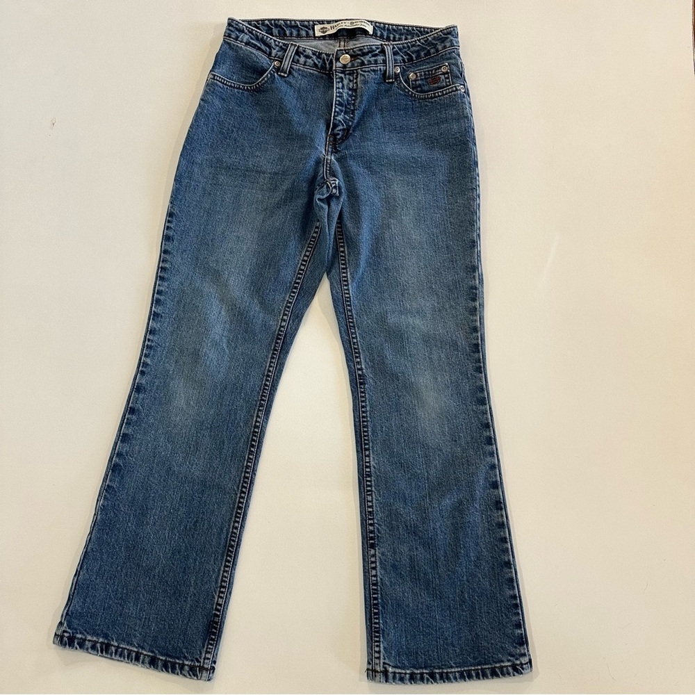 Harley Davidson Classic Denim Bootcut Jeans Leather Patent Womens Size 6P